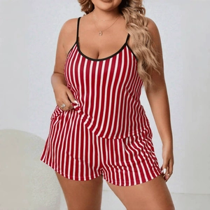 Detail of red and white striped plus size camisole set with elastic waistband shorts