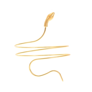 Golden snake spiral upper arm cuff bracelet with detailed scale texture on white background