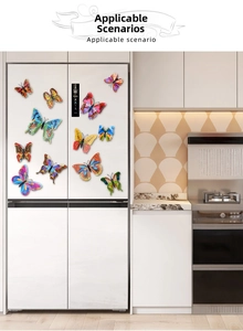 Set of 12 colorful 3D butterfly magnets applied to a white refrigerator door