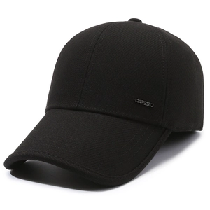 Winter men's black baseball cap with ear flaps, thick fleece lining and metal logo