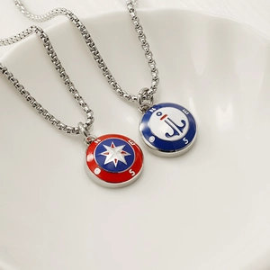 Stainless steel nautical compass and anchor pendant necklaces with enamel finish