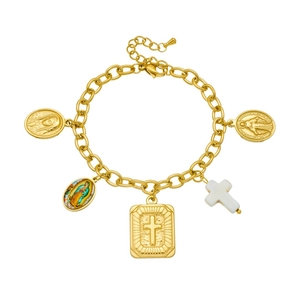 Detail of gold chain bracelet featuring Virgin Mary medals and white cross charms