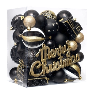 Christmas tree ornament set with black and gold painted balls and Merry Christmas sign