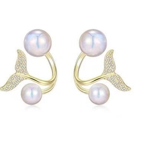 Flower Mermaid Tail Artificial Pearl Stud Earrings Copper Cubic Zirconia Encrusted Elegant Korean Style Jewelry For Women