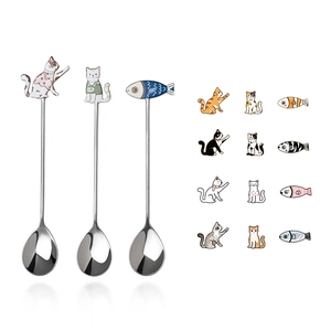 Set of stainless steel cat and fish coffee spoons with ceramic kitten handle decor