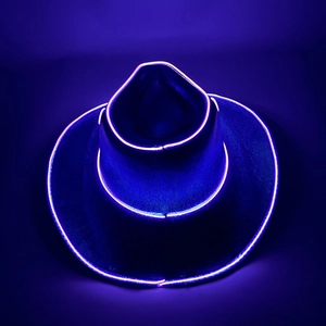 Top view of a purple LED cowboy hat with glowing neon edges for Halloween rave parties