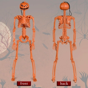 Front and back views of a Halloween pumpkin head skeleton decoration on a spooky background