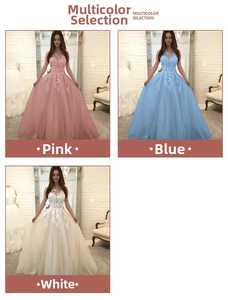 Three-grid detail view showing lace wedding dresses in pink, blue, and white colors