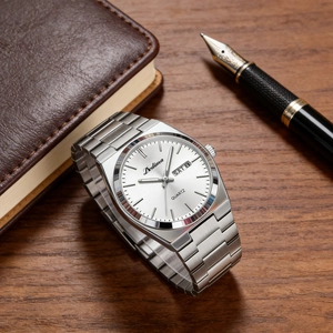 Close-up of Dedima watch dial with day-date display on professional wooden desk