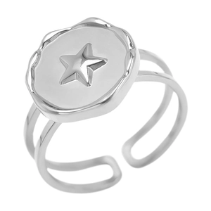 Macro shot of silver stainless steel signet ring with a raised star relief detail