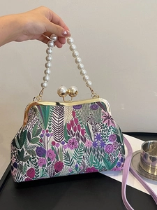 Elegante Tasche im China-Stil mit Blumenstickerei und Perlen-Handgriff für Damen