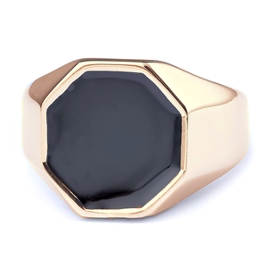 Polished gold stainless steel men's signet ring with an octagonal black onyx inlay