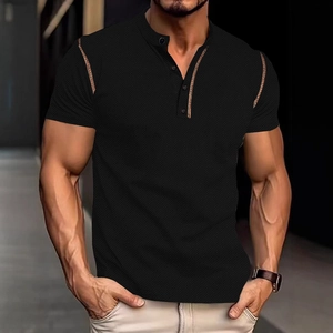 Men's retro slim fit black short sleeve polo shirt with textured knit and button placket