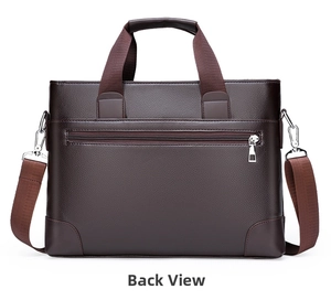 Detailed back view of dark brown business briefcase with zipper pocket and leather corners