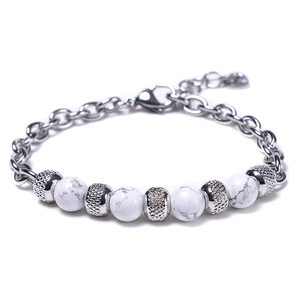 Detail of white marble beads and polished stainless steel chain with lobster clasp