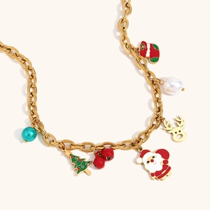 Christmas Charm Necklace 18K Gold Plated Stainless Steel Santa Reindeer Tree Bell Pendant For Women Holiday Jewelry