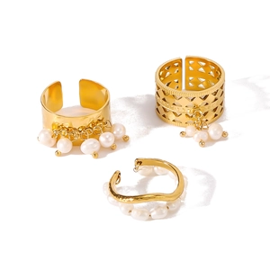 Three-piece gold pearl jewelry set with hollow ring and elegant stud earrings