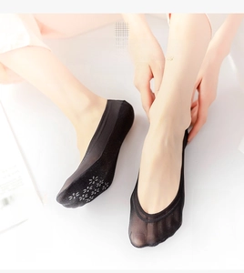 Macro view of women's black ultra low-cut invisible socks with non-slip floral silicone base