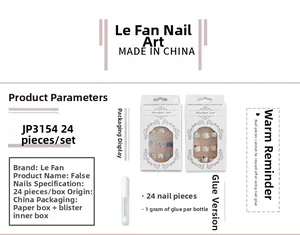 Detail view of 24pcs press-on nails with blue pink patterns and nail glue in packaging