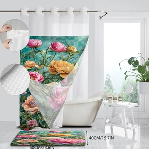 Detail of floral shower curtain and matching bath mat set with peon pattern and texture