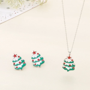 Parure bijoux sapin de Noël avec collier et boucles d'oreilles en émail et acier