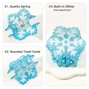 Blue glitter snowflake hair claw clip with high-elastic spring and smooth teeth detail