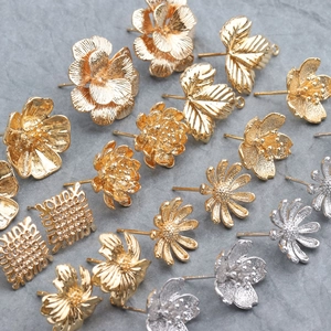 Flower Leaf Earring Posts 18K Gold Plated Copper DIY Jewelry Finding Components Handmade Accessories Antique Style