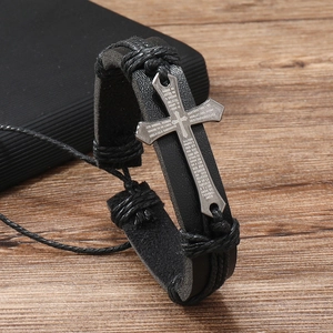 Men's retro braided leather bracelet with silver cross pendant and engraved scripture