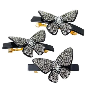 Elegante Fermaglio per Capelli a Farfalla in Acetato per Donna Stile Francese Pieno di Strass Fermaglio a Molla in Acciaio Inossidabile Nero