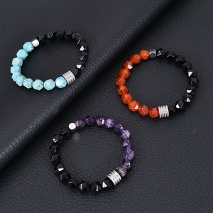 Bracelets pour hommes en pierre naturelle facettée turquoise et obsidienne sur cuir noir