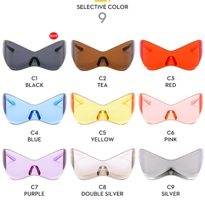 Detailed catalog showing nine color options of Y2K futuristic wrap-around sport sunglasses