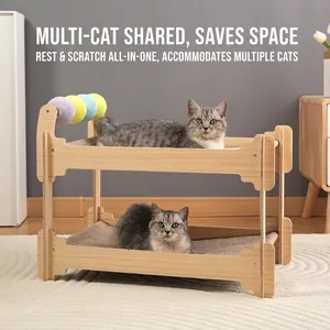 Modern double-layer wooden cat bed hammock with colorful sisal scratcher balls for multiple cats