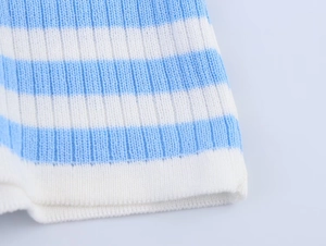 Detailed macro view of the blue and white striped knit texture and tight fabric stitching