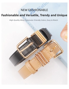 Close-up of chic women's thin PU leather belts with gold square buckles in black and camel