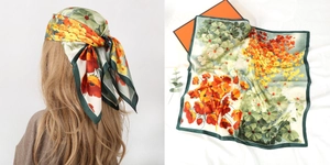Detail of floral silk scarf in yellow and green with model styling and flat layout view
