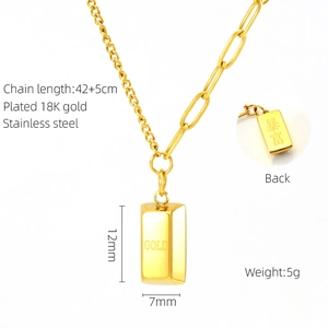 Detail of 18K gold-plated stainless steel bar necklace with engraved GOLD and rich text