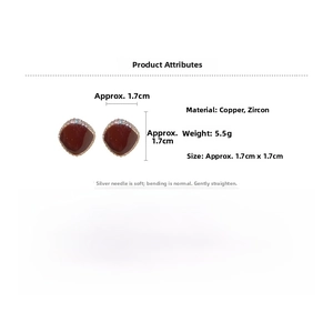 Macro detail of red zircon earrings with size and weight measurements in a white layout
