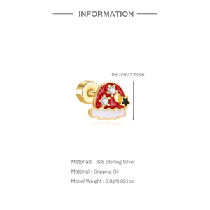Detail view of a 925 sterling silver golden Christmas hat earring with size specifications