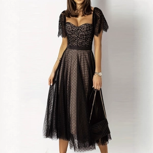 Elegantes Midi-Kleid Mit Spitzen-Patchwork Für Damen Polka-Dot-Mesh Kurzarm A-Linie Abendparty-Kleid Rückenfrei V-Ausschnitt