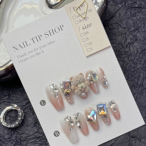 Handmade gradient mocha press-on nails with 3D teddy bear and luxury rhinestone accents