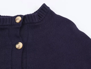 Detail of navy knit cardigan showing ribbed round neck and amber textured buttons