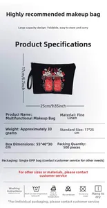 Linen makeup bag detail showing 17x25cm size and heart red flower pattern specifications