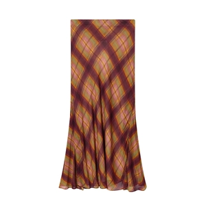 Jupe Longue À Carreaux Vintage Femmes Polyester Satin Rétro Taille Haute Sirène Streetwear Mode Multicolore Carreaux