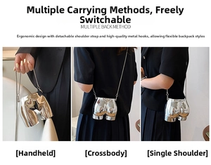 Silver buttocks-shaped mini bag with metallic finish and versatile chain strap detail