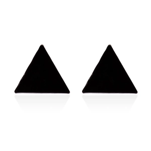 Minimalist black triangle stud earrings with a sleek matte finish and mirror reflection
