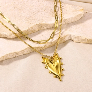 Double-layered 18K gold stainless steel heart pendant necklace with elegant paperclip chain
