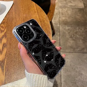 Detailed close-up of a semi-transparent iPhone case with stylish black lip patterns