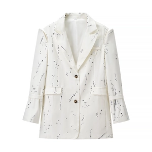 Women Artistic Ink Splatter Graffiti Blazer With Shoulder Pads Cut-out Long Sleeve V Neck Loose Suit Jacket Outerwear