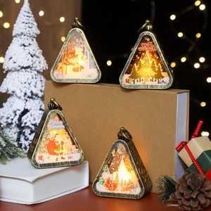 Retro Christmas triangle lantern set with LED lights and holiday motifs on wood