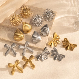 Titanium Steel Striped Bow Teardrop Sun Earrings For Women Ins Style Gold Silver Electroplated Stainless Steel Earring Post Jewelry